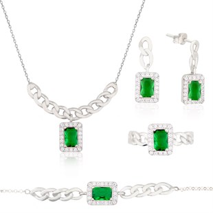925 Ayar Gümüş  Zümrüt Baget Takı Seti Zincir Detay