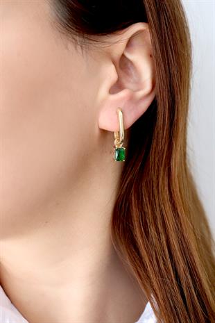 925 Ayar Gümüş Zümrüt Baget Taş Küpe (İki Farklı Kullanım Çeşidi)