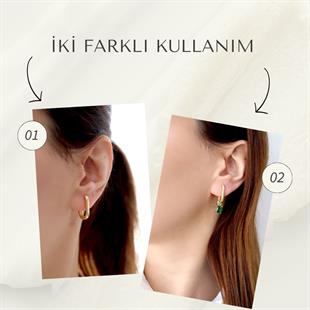 925 Ayar Gümüş Zümrüt Baget Taş Küpe (İki Farklı Kullanım Çeşidi)