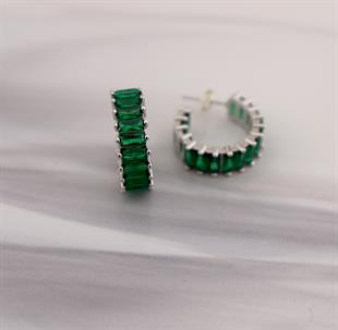 925 Ayar Gümüş Zümrüt Baget Taşlı Halka Küpe