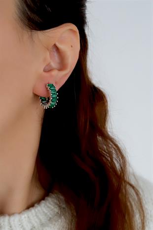 925 Ayar Gümüş Zümrüt Baget Taşlı Halka Küpe