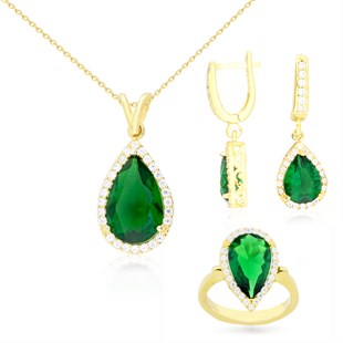 925 Ayar Gümüş Zümrüt Damla Takı Seti