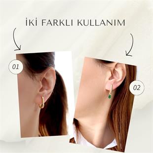 925 Ayar Gümüş Zümrüt Damla Taş Küpe (İki Farklı Kullanım Çeşidi)