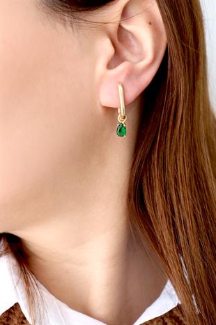 925 Ayar Gümüş Zümrüt Damla Taş Küpe (İki Farklı Kullanım Çeşidi)