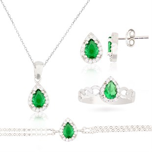 925 Ayar Gümüş Zümrüt Damla Taş Takı Seti