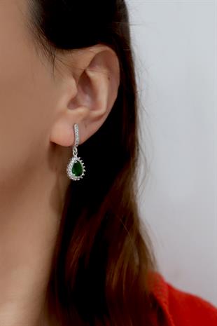 925 Ayar Gümüş Zümrüt Damla Taşlı Anturaj Küpe