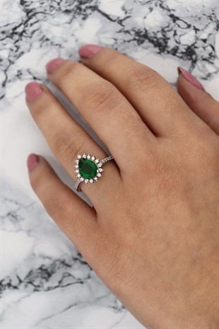 925 Ayar Gümüş Zümrüt Damla Taşlı Anturaj Yüzük