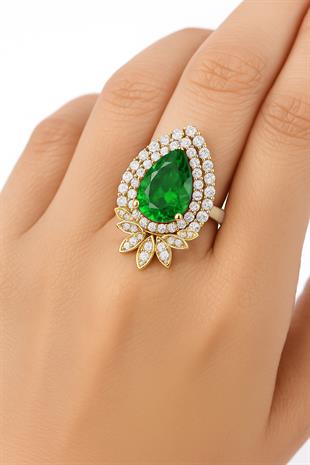 925 Ayar Gümüş Zümrüt Damla Taşlı Otantik Yüzük