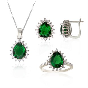 925 Ayar Gümüş Zümrüt Damla Taşlı Takı Seti
