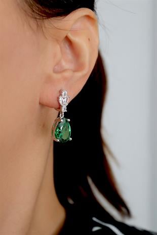 925 Ayar Gümüş Zümrüt Elmas Kesim Damla Küpe