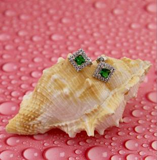 925 Ayar Gümüş Zümrüt Kare Taşlı Anturaj Küpe