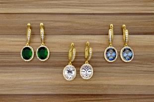 925 Ayar Gümüş Zümrüt Oval Taş Sallantılı Küpe