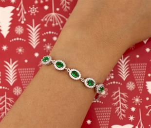 925 Ayar Gümüş Zümrüt Oval Taşlı Anturaj Bileklik