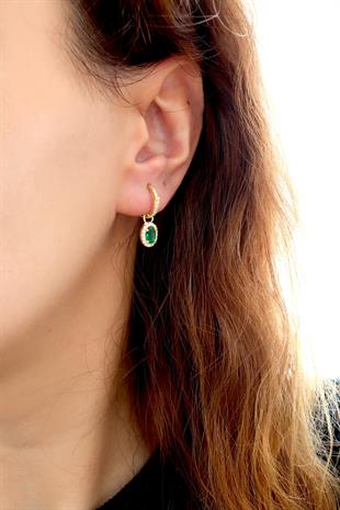 925 Ayar Gümüş Zümrüt Oval Taşlı Halka Küpe