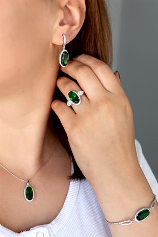 925 Ayar Gümüş Zümrüt Oval Taşlı Takı Seti