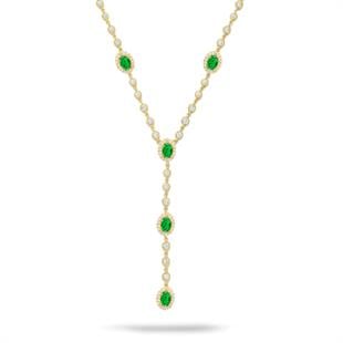 925 Ayar Gümüş Zümrüt Oval Taşlı Y Model Su Yolu Detaylı Kolye