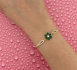 925 Ayar Gümüş Zümrüt Taşlı Çiçek Bileklik