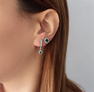 925 Ayar Gümüş Zümrüt Taşlı Kare Pırlanta Montürlü Gümüş Küpe