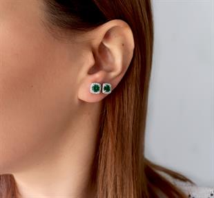 925 Ayar Gümüş Zümrüt Taşlı Kare Pırlanta Montürlü Gümüş Küpe