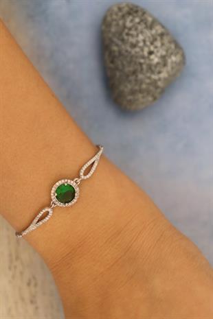 925 Ayar Gümüş Zümrüt Taşlı Yuvarlak Kesim Bileklik