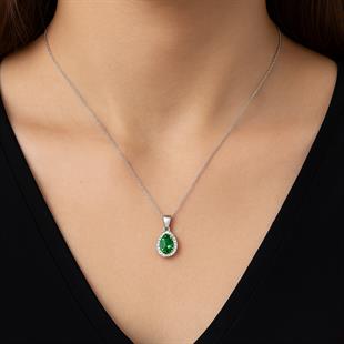 925 Ayar Gümüş Zümrüt Yeşili Damla Desen Kolye