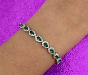 925 Ayar Gümüş Zümrüt Yeşili Damla Su Yolu Bileklik