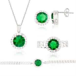 925 Ayar Gümüş Zümrüt Yuvarlak Takı Seti