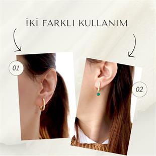 925 Ayar Gümüş Zümrüt Yuvarlak Taş Küpe (İki Farklı Kullanım Çeşidi)