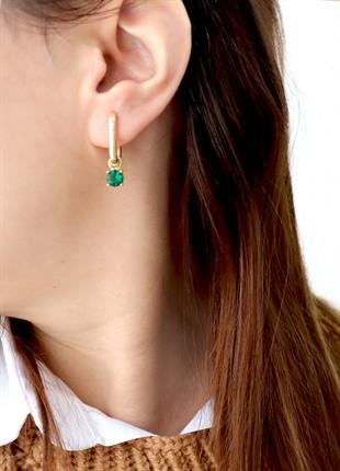 925 Ayar Gümüş Zümrüt Yuvarlak Taş Küpe (İki Farklı Kullanım Çeşidi)