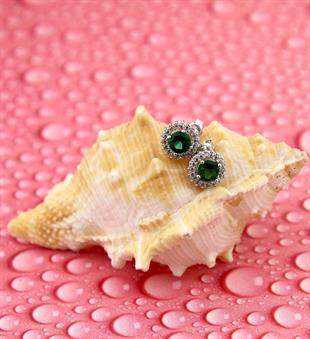 925 Ayar Gümüş Zümrüt Yuvarlak Taşlı Anturaj Küpe