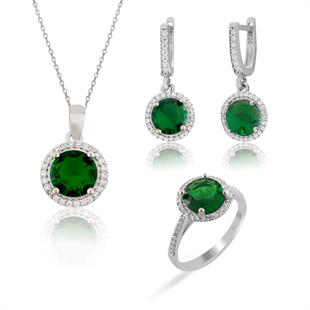 925 Ayar Gümüş Zümrüt Yuvarlak Taşlı Takı Seti