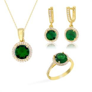 925 Ayar Gümüş Zümrüt Yuvarlak Taşlı Takı Seti