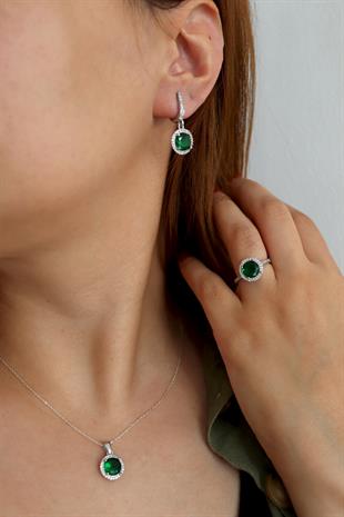 925 Ayar Gümüş Zümrüt Yuvarlak Taşlı Takı Seti