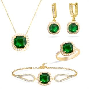 925 Ayar Gümüş Zümrüt Zirkon Takı Seti