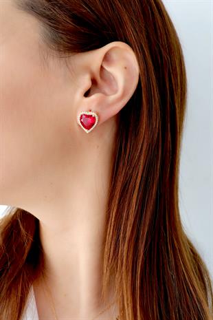 925 Ayar Gümüş Kırmızı Taşlı Kalp Küpe