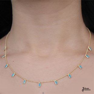 925 Ayar Kare Turkuaz Taşlı Gümüş Kolye