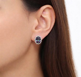 925 Ayar Rodyumlu Mistik Topaz Oval Taş Gümüş Küpe