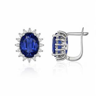 925 Ayar Rodyumlu Safir Oval Taş Gümüş Küpe