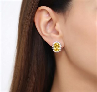 925 Ayar Rodyumlu Sitrin Oval Taş Gümüş Küpe