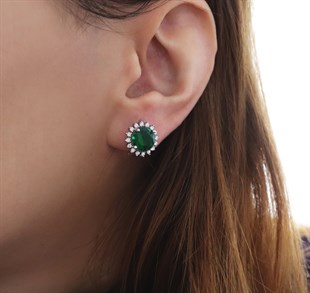 925 Ayar Rodyumlu Zümrüt Yuvarlak Taş Gümüş Küpe