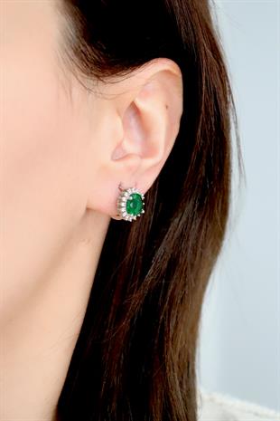 925 Ayar Rodyumlu Zümrüt Yuvarlak Taş Gümüş Küpe