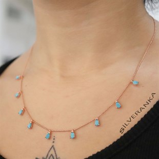 925 Ayar Rose Damla Turkuaz Taşlı Gümüş Kolye