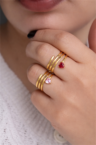 Altın Kaplama Kırmızı Kalp Taşlı Spiral Yüzük