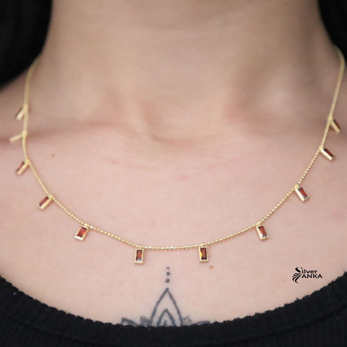 925 Ayar Gold Kırmızı Taşlı Gümüş Kolye