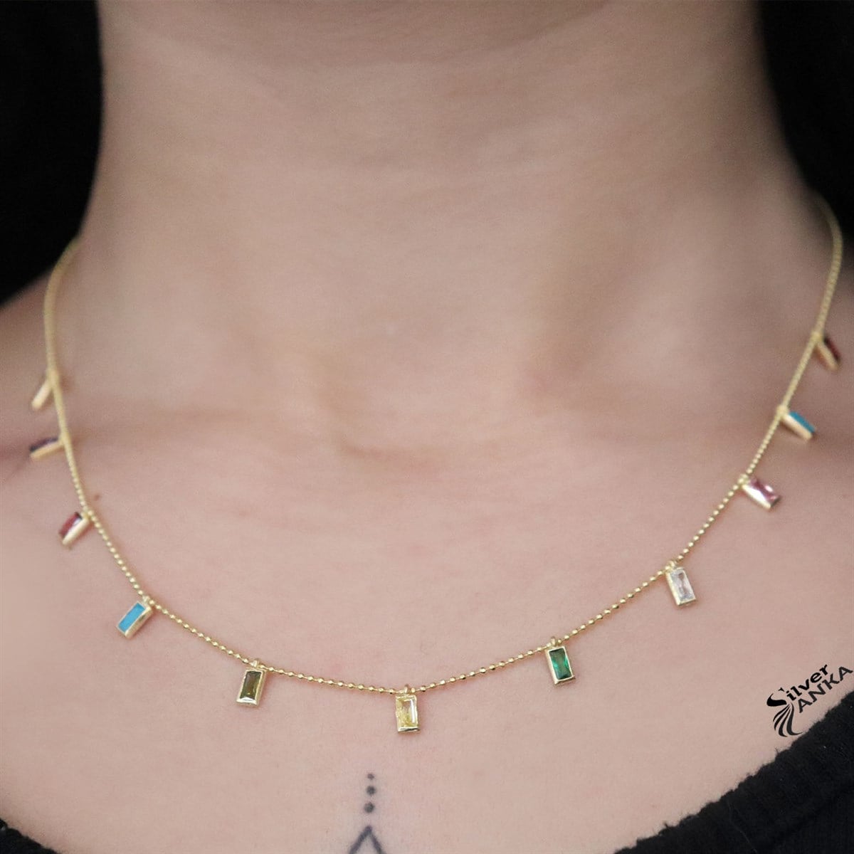 925 Ayar Gold Renkli Taşlı Gümüş Kolye