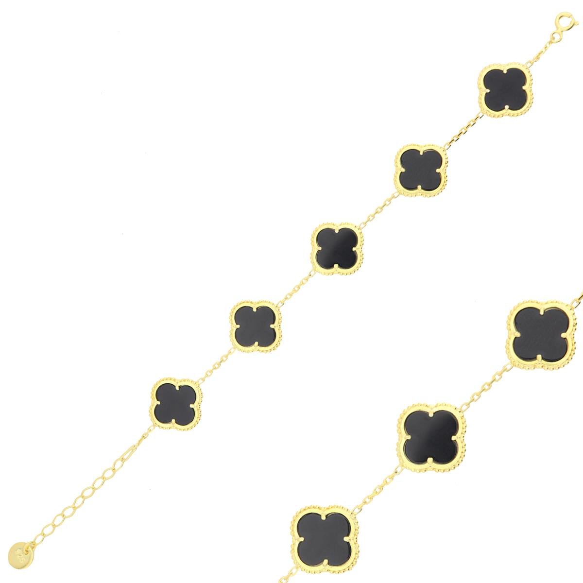 925 Ayar Gümüş Altın Kaplama Siyah Yonca Desen Bileklik