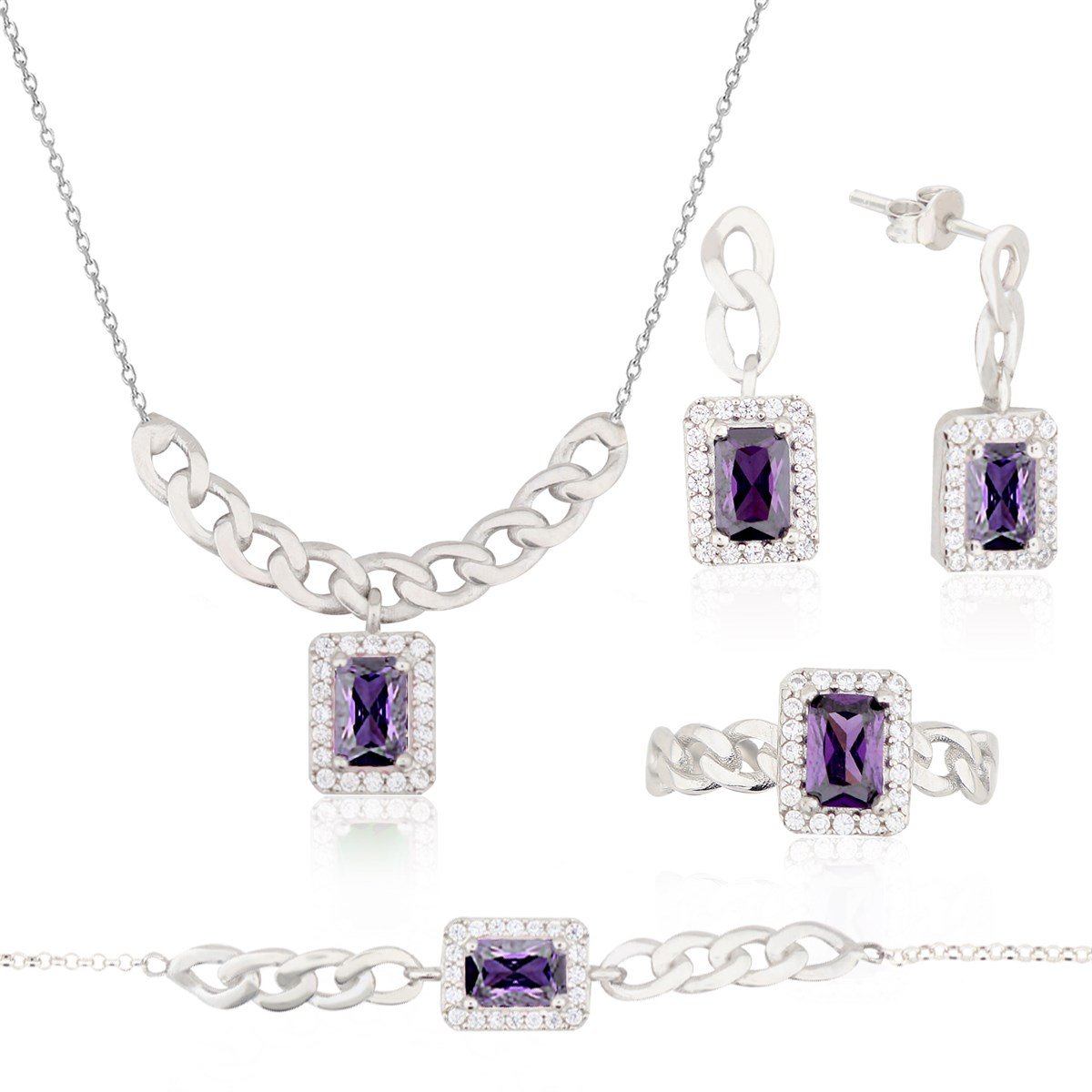 925 Ayar Gümüş Ametist Baget Takı Seti Zincir Detay