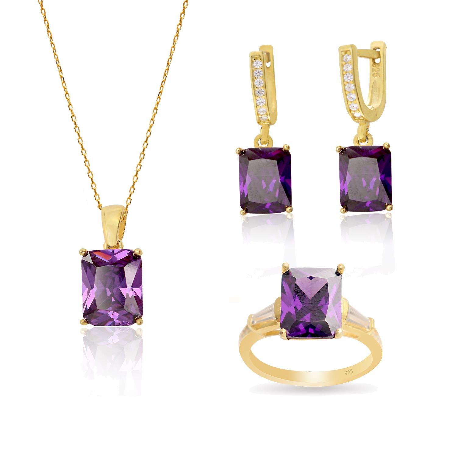 925 Ayar Gümüş Ametist Baget Takı Seti