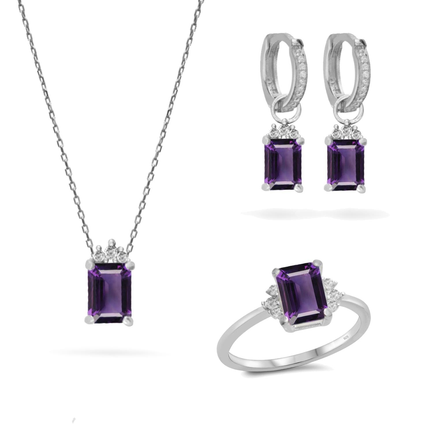925 Ayar Gümüş Ametist Baget Taşlı Trend Takı Seti
