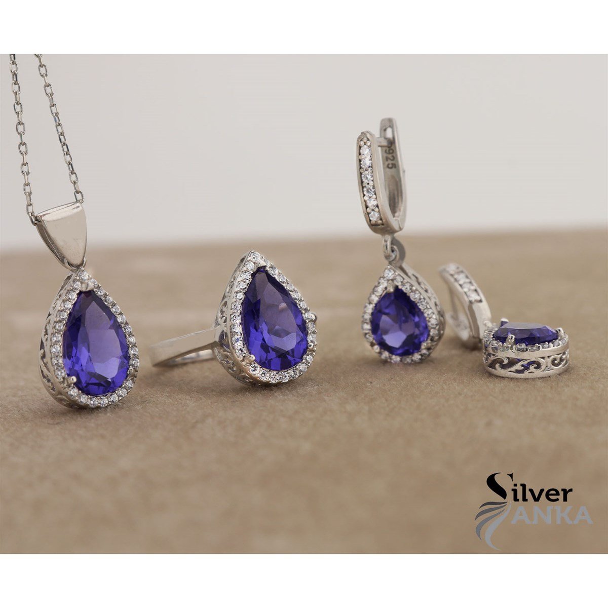 925 Ayar Gümüş Ametist Damla Desen Set